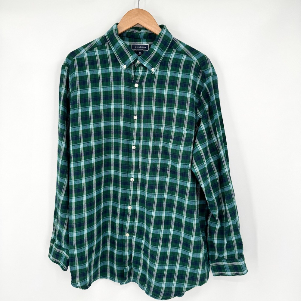 Club Room Mens XXL Green Blue Plaid Flannel Button Down Shirt Cotton Long Sleeve